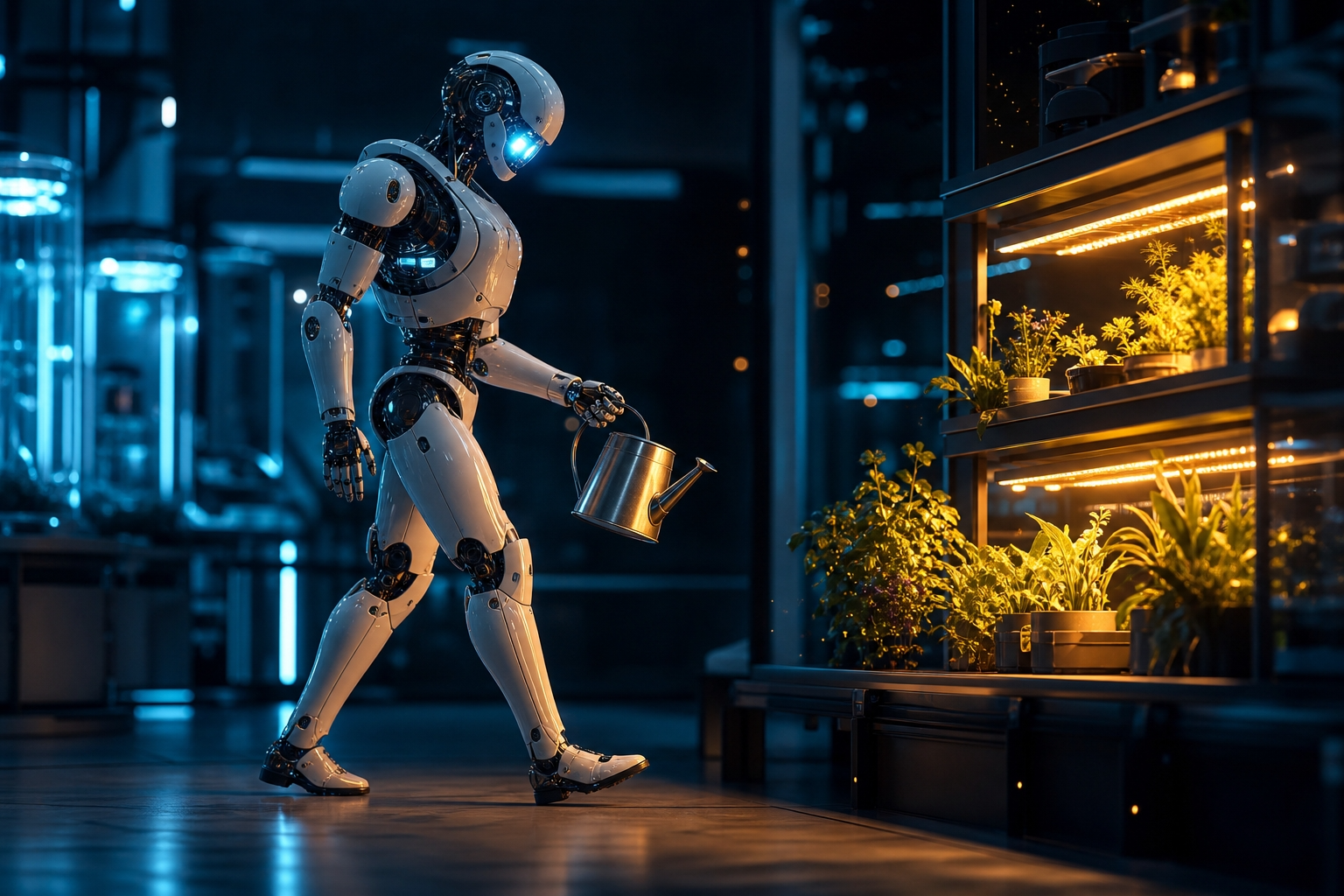 じょうろを持って棚へ歩く人型ロボットの全身