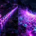 1粒ずつ並べられる玉と、もやの中から一面に現れる玉の対比