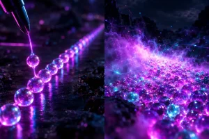 1粒ずつ並べられる玉と、もやの中から一面に現れる玉の対比