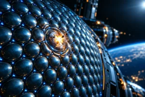 軌道上の宇宙船の船体パネルに並ぶ卵型のセルと、着弾して光る一つのセル