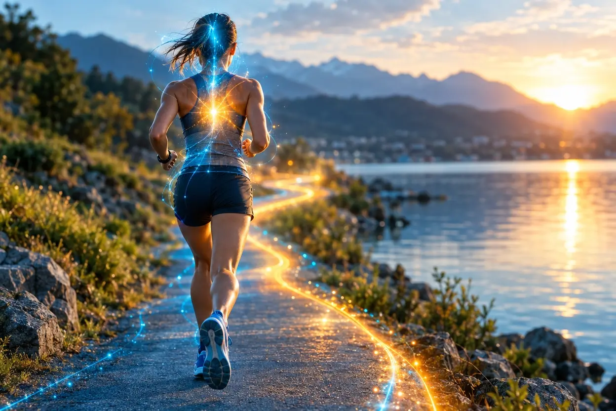 湖畔の道を走るランナーの後ろ姿と、体から立ちのぼる光