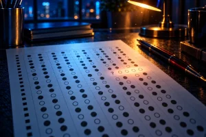 マークシート。ほとんどの解答欄が塗られているなか、疑問符の付いた1行だけが空欄のまま光の帯に照らされている