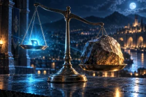 天秤の片側にある小さな光るチップが、反対側の大きな岩を持ち上げている様子