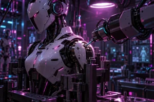 組み立て台に固定された人型ロボットの上半身に、ロボットアームが肩のねじを締めている