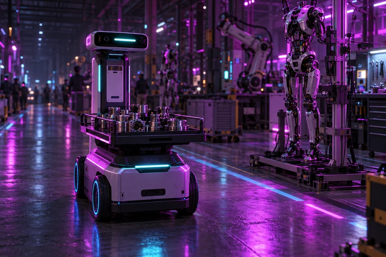 部品を載せて工場の通路を進む車輪型ロボット。その奥では脚のある人型が組み立て台の上に立っている
