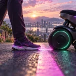 路面に引かれた1本の線を挟んで、歩く人の靴と小型モビリティの車輪が向かい合っている