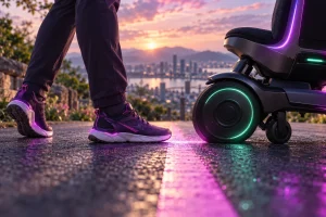 路面に引かれた1本の線を挟んで、歩く人の靴と小型モビリティの車輪が向かい合っている