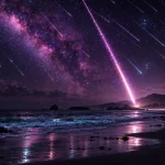 夜の海岸線の上を無数の光跡が横切り、そのうち1本が明るく岸へ向かって降りている