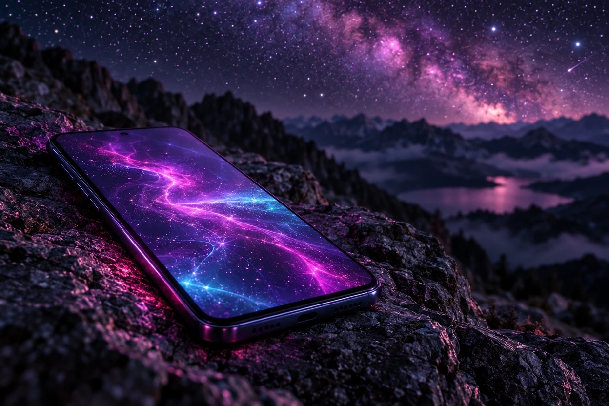 山の上の岩に置かれた、画面の光ったスマートフォン。頭上は星空で、建物も鉄塔もない
