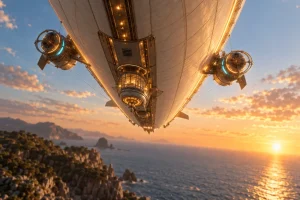 澄んだ空の高いところに小さく浮かぶ飛行船。はるか下に岬と海が見える