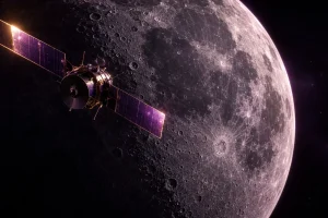 灰色のクレーターだらけの月の手前を、小さな衛星が1機よこぎっている