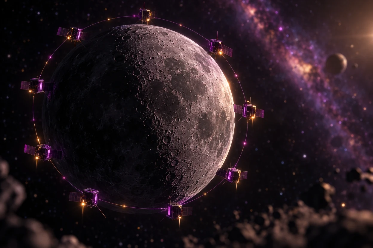 月のまわりに等間隔で並ぶ複数の衛星。細い線で輪につながれ、地表には何も降りていない
