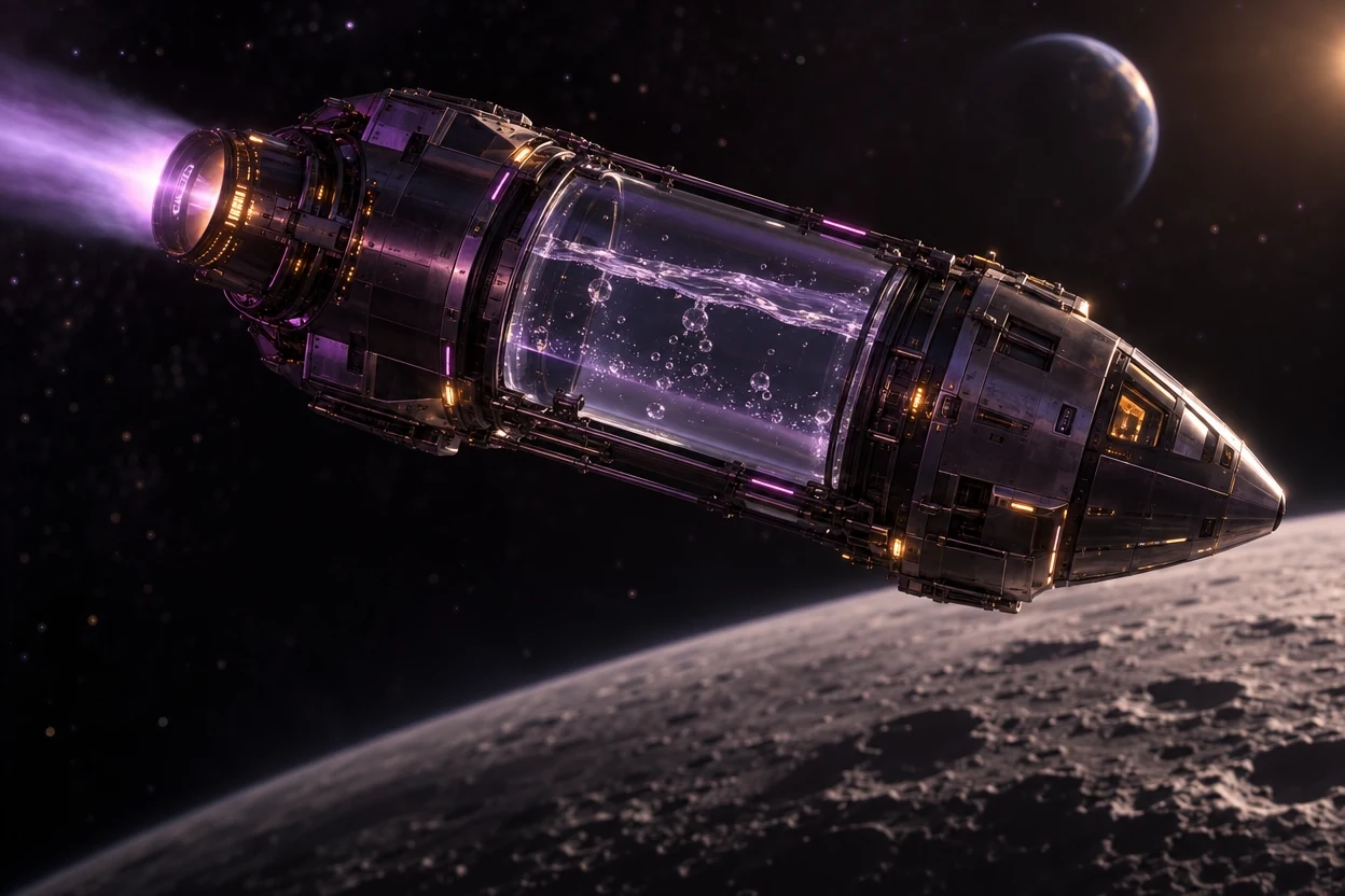 透明な水のタンクを載せた宇宙機が、うすい噴射の跡を引いて月のそばを進んでいる