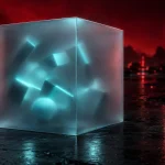 すりガラスの立方体の中で図形が動き、輪郭はぼやけている