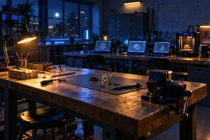 木の作業台と、3Dモデルを映すノートPC、3Dプリンタが並ぶ無人の技術室