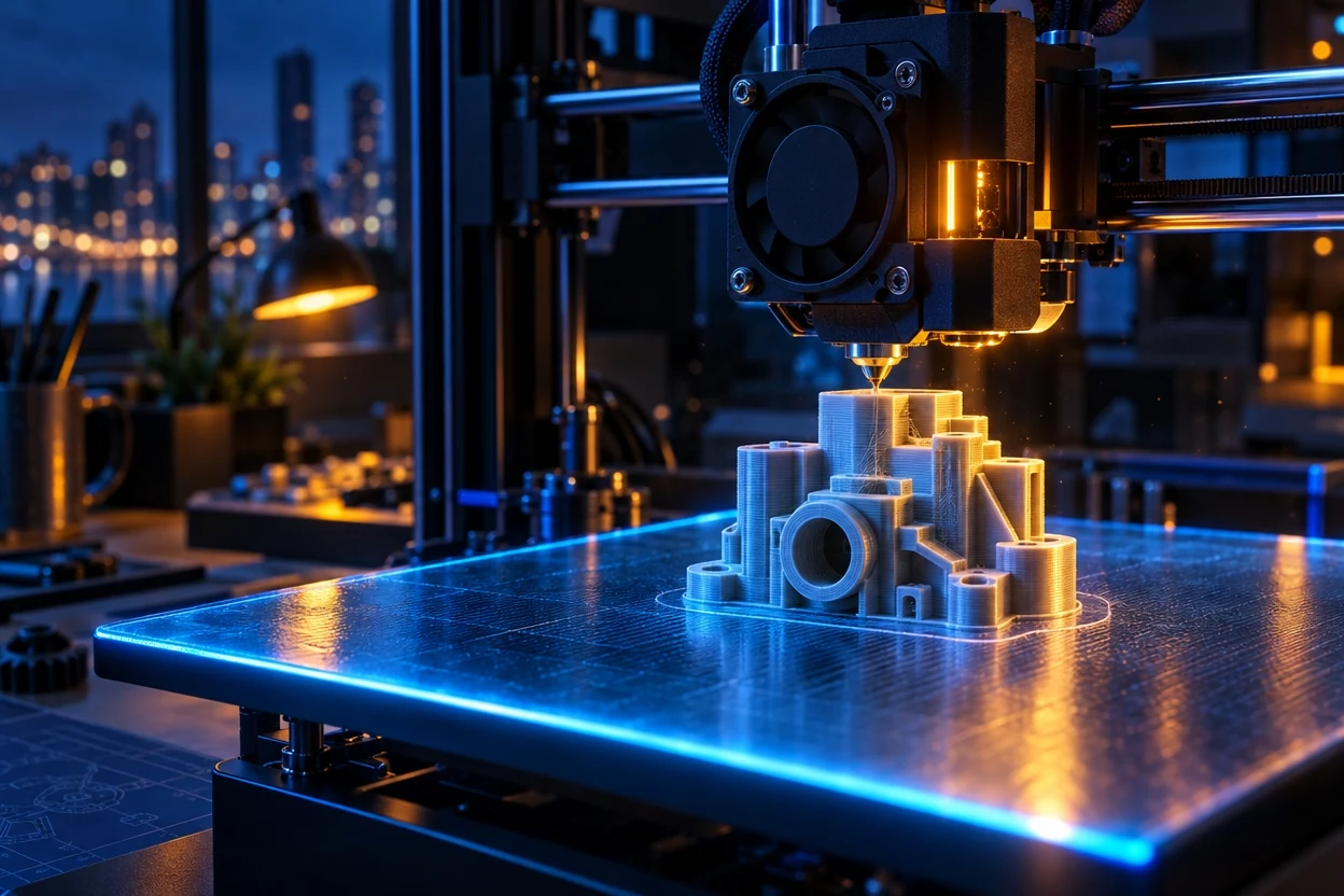 3Dプリンタが複雑な形の部品を1層ずつ積み上げている