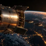 地球の上空で、ステンレスの宇宙船の側面から平たい衛星が列になって放出されていくイメージ