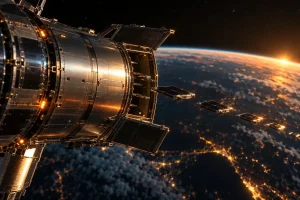 地球の上空で、ステンレスの宇宙船の側面から平たい衛星が列になって放出されていくイメージ