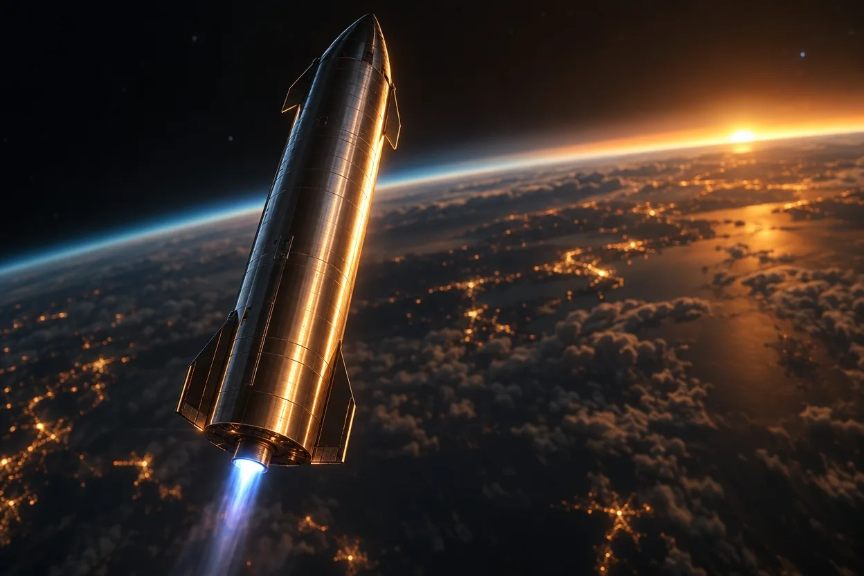 地球の上空で、ステンレスの宇宙船が1基のエンジンを噴射しているイメージ