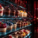 光の糸がつなぐように浮かぶ、ショーケースに並んだカップ入りのスイーツ