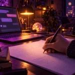 夜の机で鉛筆を持って練習用紙に書き込む手と、AIとのチャット画面が光るノートパソコン