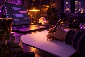 夜の机で鉛筆を持って練習用紙に書き込む手と、AIとのチャット画面が光るノートパソコン