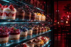 光の糸がつなぐように浮かぶ、ショーケースに並んだカップ入りのスイーツ