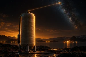 地上に立つガラス繊維を巻いた円筒の圧力容器と、夜空の人工衛星を細い光の線が結んでいる様子