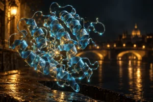 ねじれたリボン状のタンパク質の構造に、透かしのような光の模様が織り込まれている様子