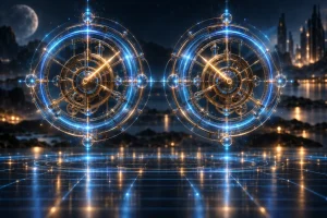 光とレーザーでできた2つの同じ時計の仕掛けが、並んでそろって時を刻んでいる様子