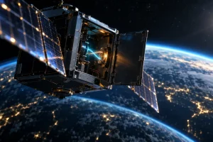 地球の上空を回る小型衛星の開いた側面の中で、2本の細い光がからみ合って光っている様子