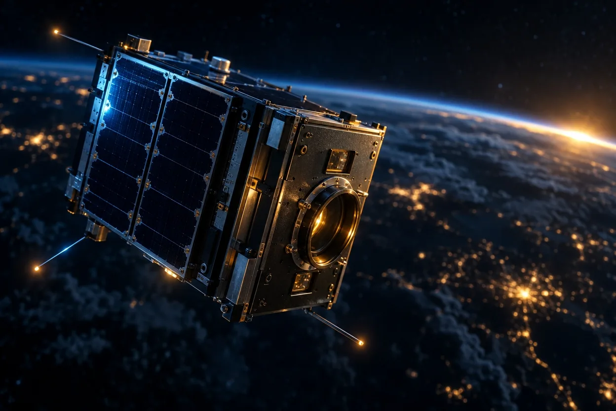 夜側の地球の上空を漂う箱形の衛星の装置と、遠くの地平線に細く光る太陽の縁