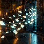 暗いサーバールームで、少し開いたラックの扉から白紙のカードが次々と流れ出る様子