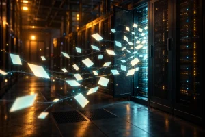 暗いサーバールームで、少し開いたラックの扉から白紙のカードが次々と流れ出る様子