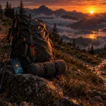 夕暮れの山道の分かれ道に置かれたザックと登山用ストック、現在地の点が光るスマートフォン
