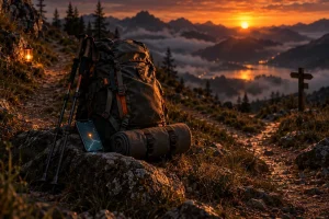 夕暮れの山道の分かれ道に置かれたザックと登山用ストック、現在地の点が光るスマートフォン