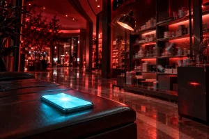 夜のショッピングモールのベンチで、緊急の通知が光るスマートフォンと、揺れ始めた照明