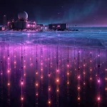 南極の氷原に立つ観測基地と、その下の氷の中で光るセンサーの列