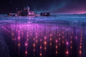 南極の氷原に立つ観測基地と、その下の氷の中で光るセンサーの列