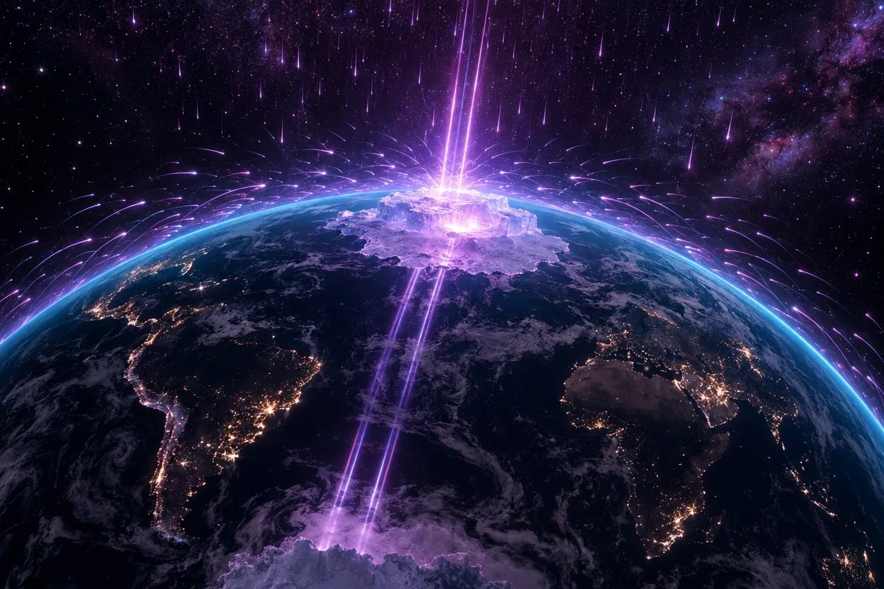 宇宙から見た夜の地球で、光の線が地球を通り抜けて南極の氷に届き、上空から降る粒子は地表近くでそらされる様子