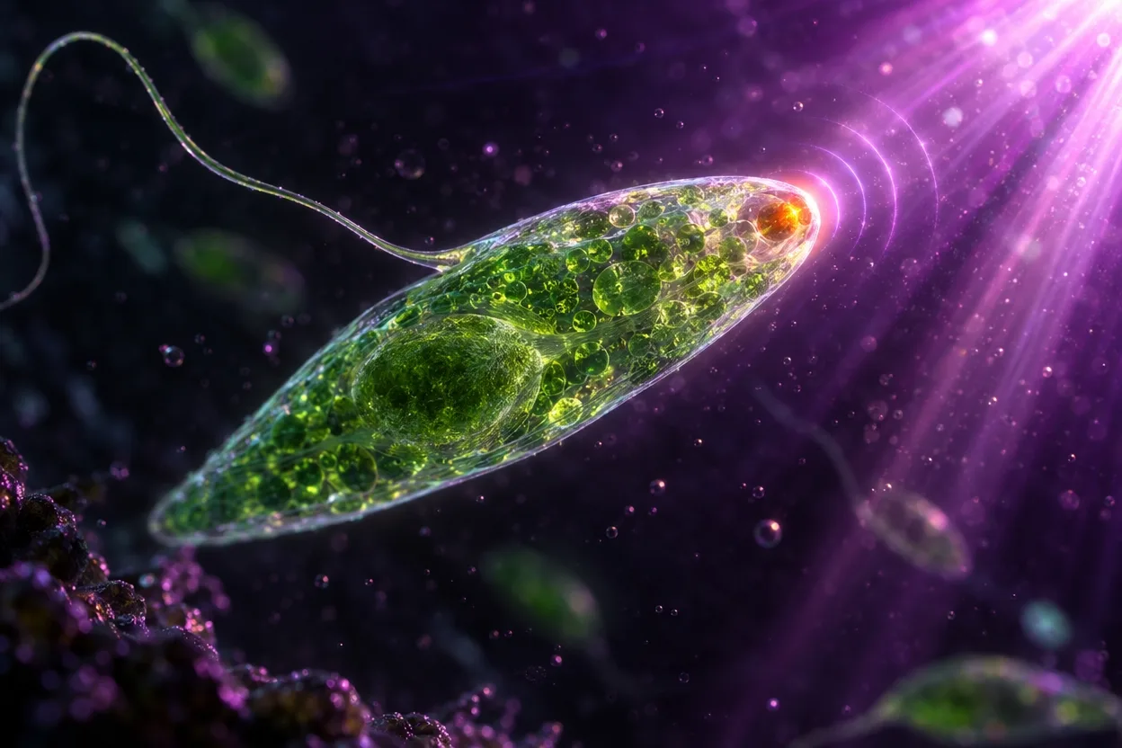 暗い水の中で、オレンジ色の眼点をもつ緑色の単細胞の藻が光の方へ泳ぐ様子