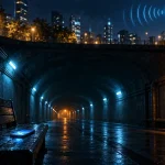 街の地下の長い通路のベンチで光るスマートフォンと、地上の電波塔から届く前に弱まる電波