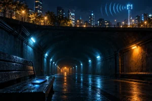 街の地下の長い通路のベンチで光るスマートフォンと、地上の電波塔から届く前に弱まる電波