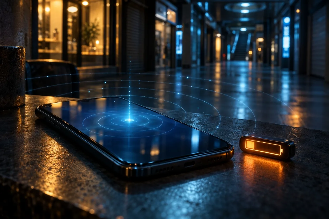 薄暗い地下街のテーブルに置かれたスマートフォンが電波を探し、横の電池の明かりが減っていく様子