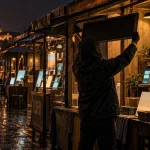 雨の夜の市場で、フードをかぶった人物がスマートフォンの画面を並べた屋台を開いている様子