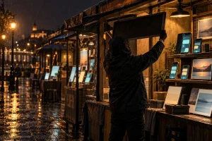 雨の夜の市場で、フードをかぶった人物がスマートフォンの画面を並べた屋台を開いている様子