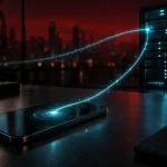 机の上のスマートフォンから光の線がのび、夜の街を背にしたサーバーへ直接つながっている様子