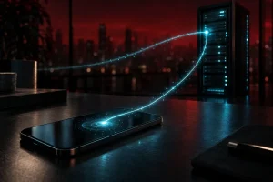 机の上のスマートフォンから光の線がのび、夜の街を背にしたサーバーへ直接つながっている様子