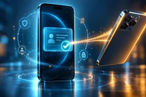 身分証の画面を表示したスマートフォンに、別のスマートフォンから光が届き、確認済みの印が出ている様子