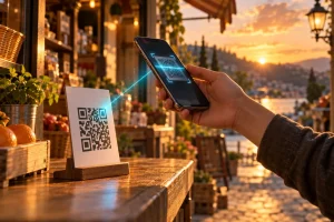 夕暮れの店先で、台に置かれた紙のQRコードを客がスマートフォンのカメラで読み取っている様子